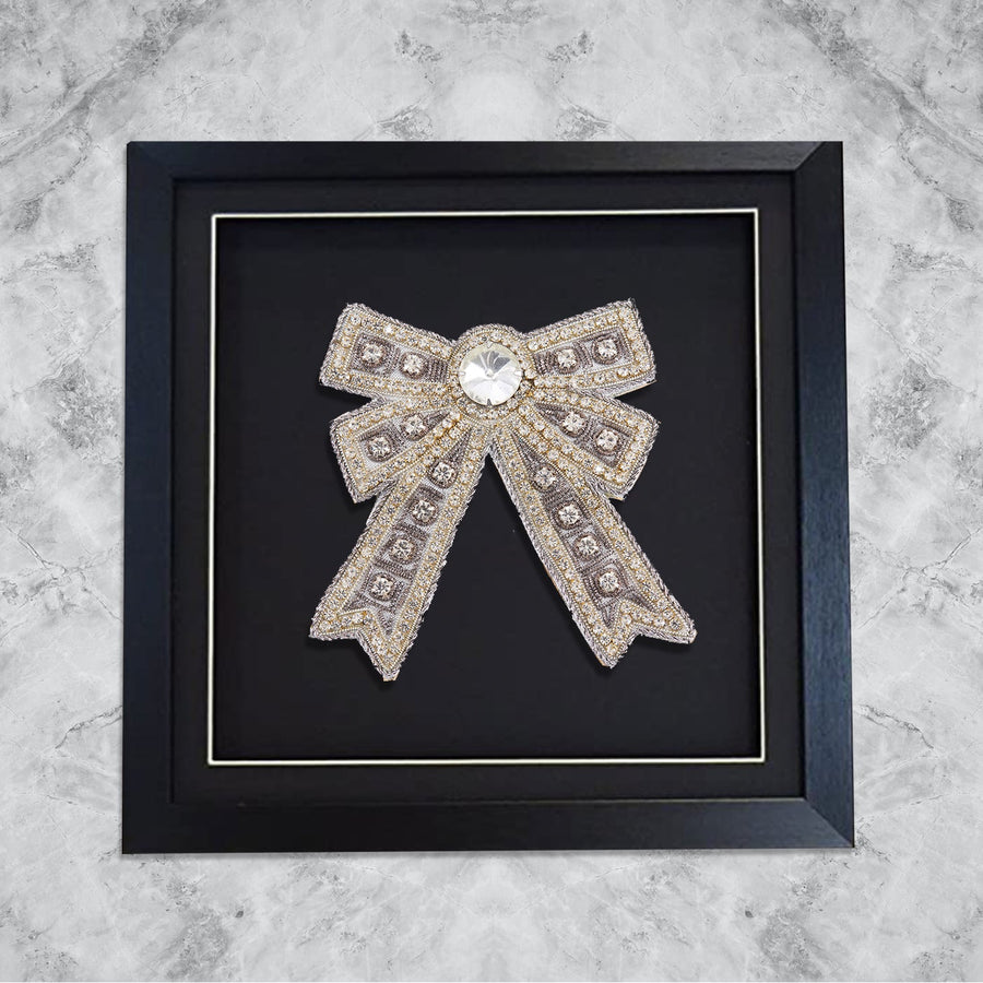 Dazzling Antique Style Silver Crystal Encrusted Bow on Black. Framed Art - Collectors Item