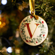 Festive Wreath Illustrated Letter "V" Enamal Decoration - Collectors Item