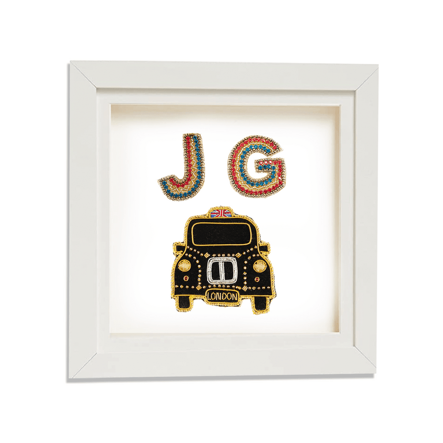 Framed Art, London black taxi cab with personalised crystal letters on White - Collectors Item