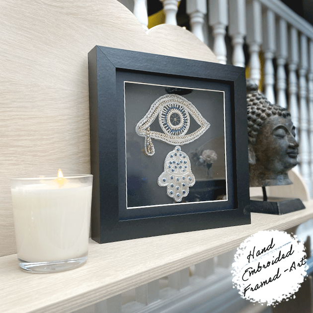 Framed Art, Lucky Eye and Hamsa Crystal Embroideries - Collectors Item