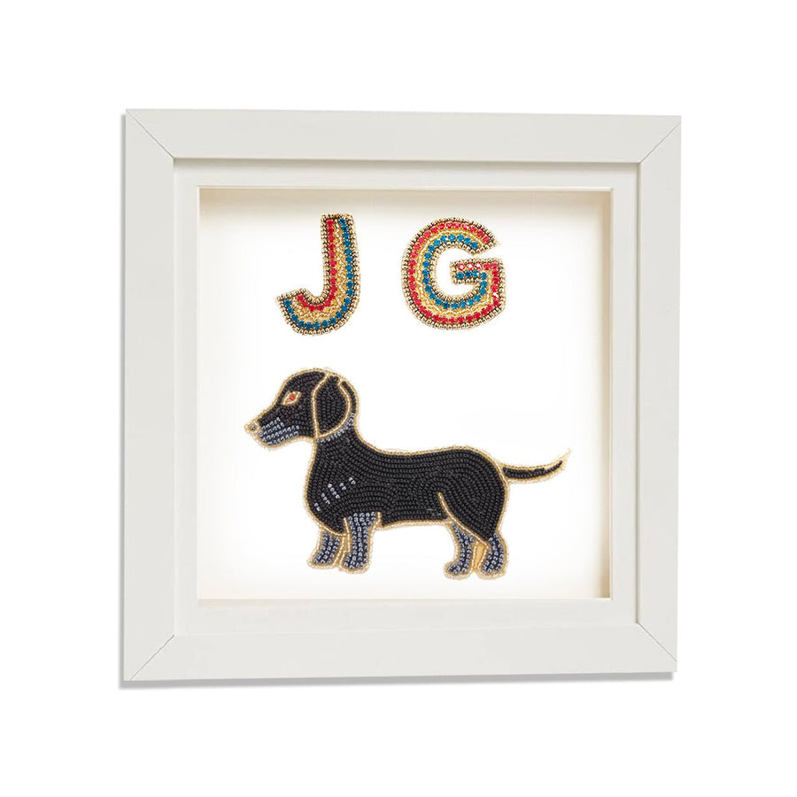 Framed Art, Sausage dog & two personalised crystals letters - Collectors Item