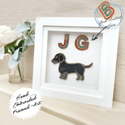 Framed Art, Sausage dog & two personalised crystals letters - Collectors Item