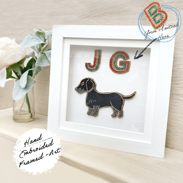 Framed Art, Sausage dog & two personalised crystals letters - Collectors Item