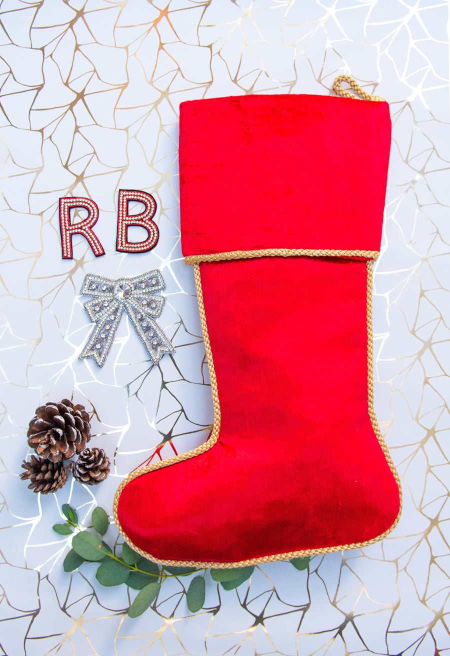 Personalised Stocking with Two Hand Embroidered Crystal Alphabet Letters and a Vintage Silver Crystal Bow - Collectors Item