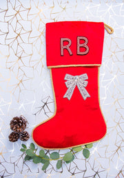 Personalised Stocking with Two Hand Embroidered Crystal Alphabet Letters and a Vintage Silver Crystal Bow - Collectors Item