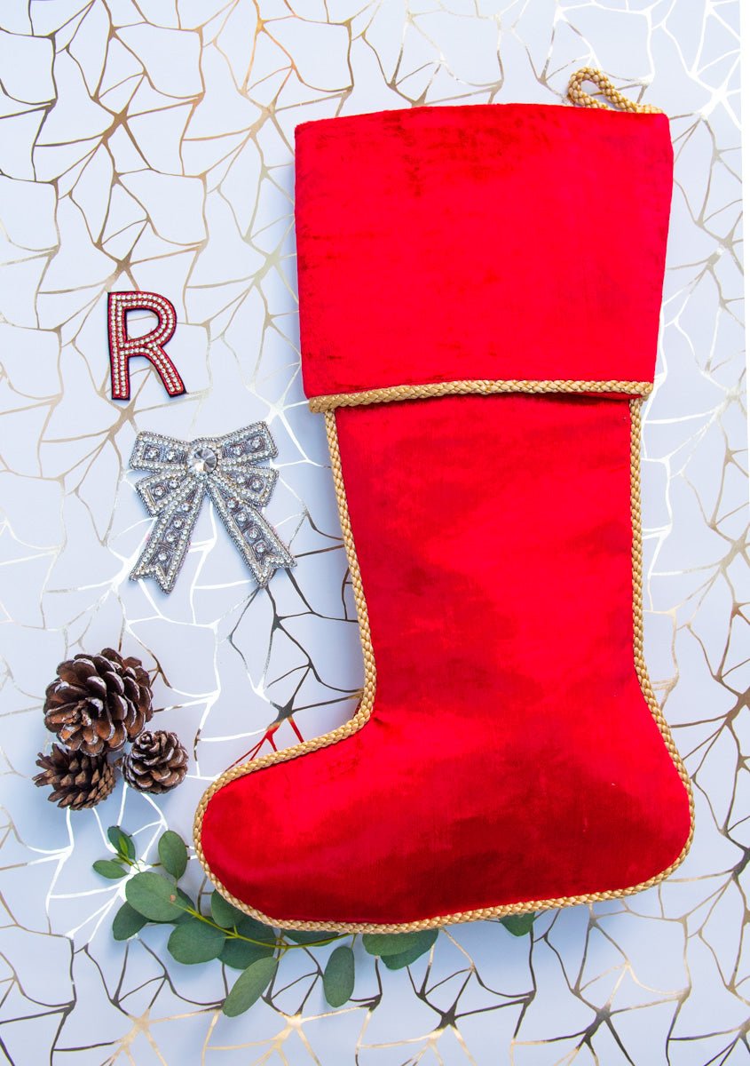 Personalised Stockings with One Hand Embroidered Crystal Alphabet Letter and a bow - Collectors Item