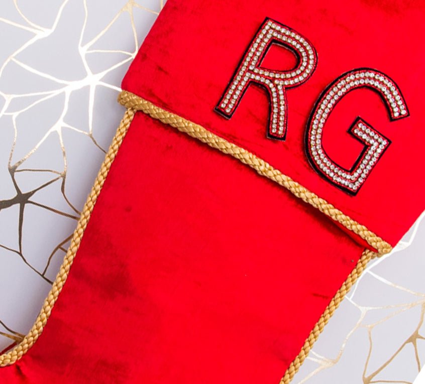 Personalised Stockings with Two Hand Embroidered Crystal Alphabet Letters - Collectors Item