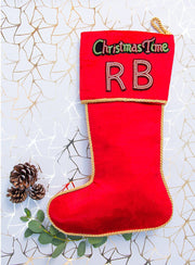 Personalised Stockings with Two Hand Embroidered Crystal Alphabet Letters and Christmas Time sticker - Collectors Item