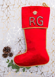 Personalised Stockings with Two Hand Embroidered Crystal Alphabet Letters and military crown - Collectors Item