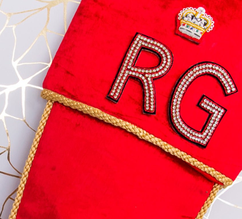 Personalised Stockings with Two Hand Embroidered Crystal Alphabet Letters and military crown - Collectors Item