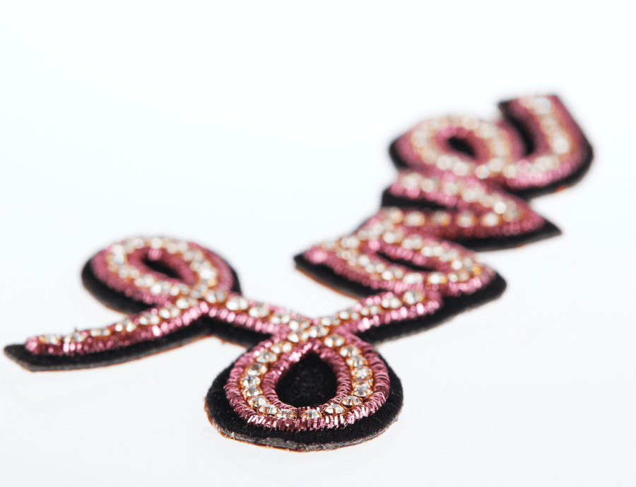 Striker Patches, Handcrafted Love script pewter & pink crystal.Ready for you to apply - Collectors Item